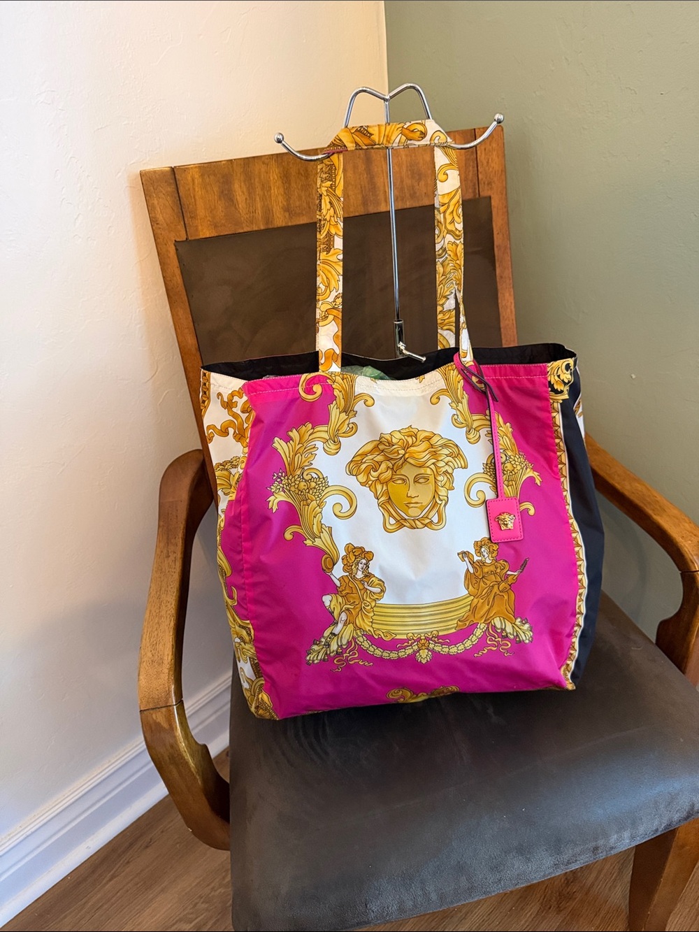 Versace Pink & Gold Baroque-Print Tote Bag